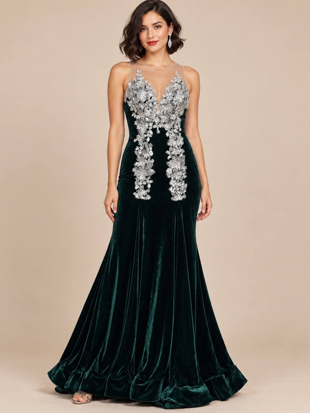 HEBEOS Emerald Green Velvet Mermaid Gown Silver Sequin Floral Appliqué sz Small
